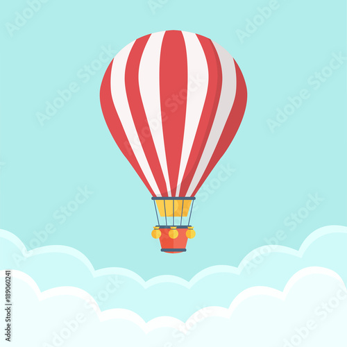 Hot air balloon in the sky with clouds. Flat cartoon design. Vector illustration