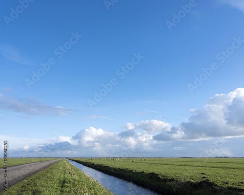 country road and canal between vast expanse of meadows in dutch eempolder in holland under cloudscape photo