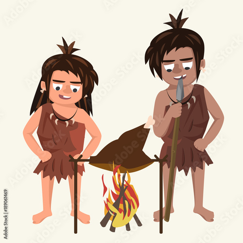family of cavemen roasts meat at stake vector cartoon illustrati