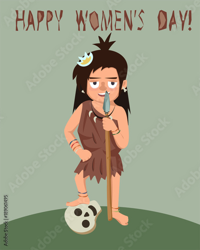 primitive woman with spear and enemy skull, women's day greeting