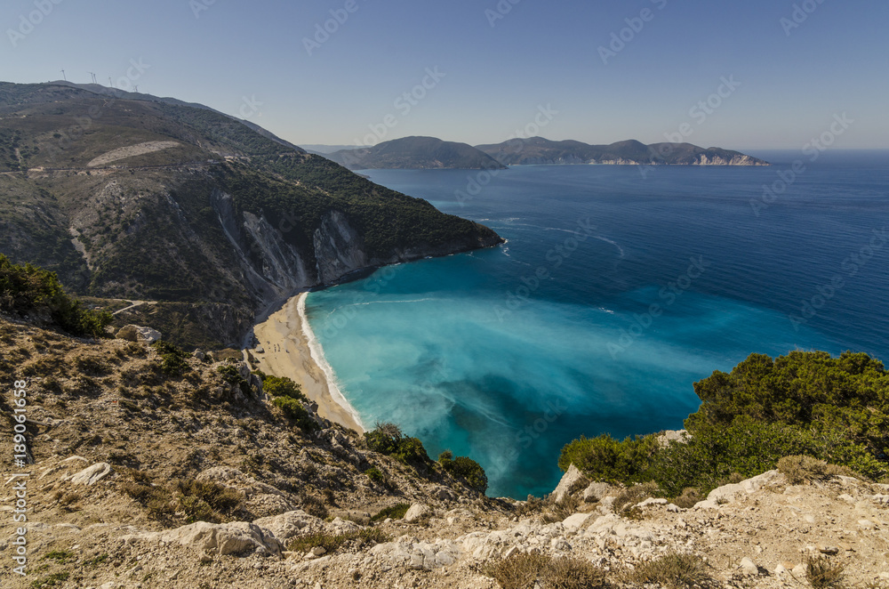 myrtos beach nestled between the mountains Agia Dynati and Kalos Oron