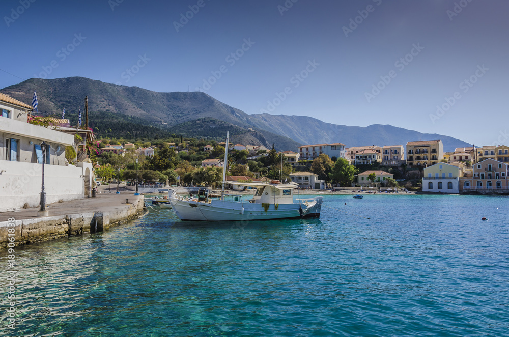 Panoramic view of the bay and harbor of Assos Kefalonia