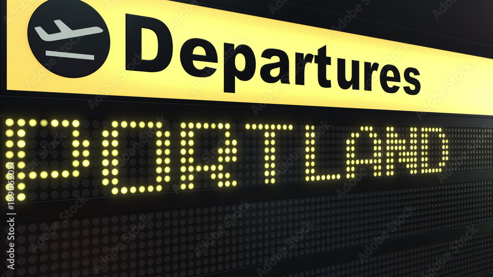 Flight to Portland on international airport departures board. Travelling to the United States conceptual 3D rendering Flight to Portland on international airport departures board. Travelling to the United States conceptual 3D rendering