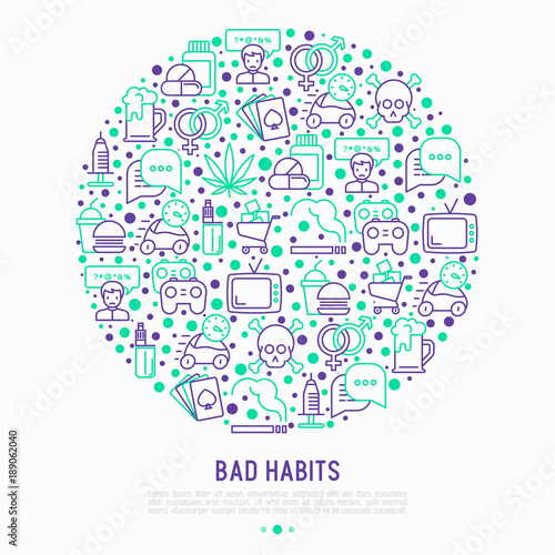 Bad habits concept in circle with thin line icons: abuse, alcoholism, cigarette, marijuana, drugs, fast food, poker, promiscuity, tv, video games. Modern vector iilustration for banner, print media.