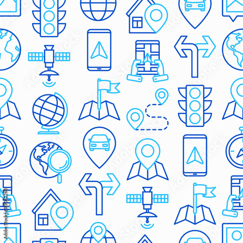 Navigation and direction seamless pattern with thin line icons: pointer, compass, navigator on tablet, traffic light, store locator, satellite. Modern vector illustration for print media, web page.