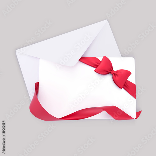 Gift Card with Envelope, Red Bow and Ribbon decoration. Vector template.