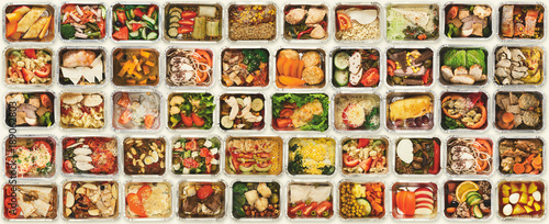 Set of take away food boxes at white background