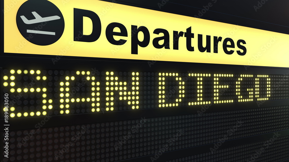 Flight to San Diego on international airport departures board. Travelling to the United States conceptual 3D rendering Flight to San Diego on international airport departures board. Travelling to the United States conceptual 3D rendering