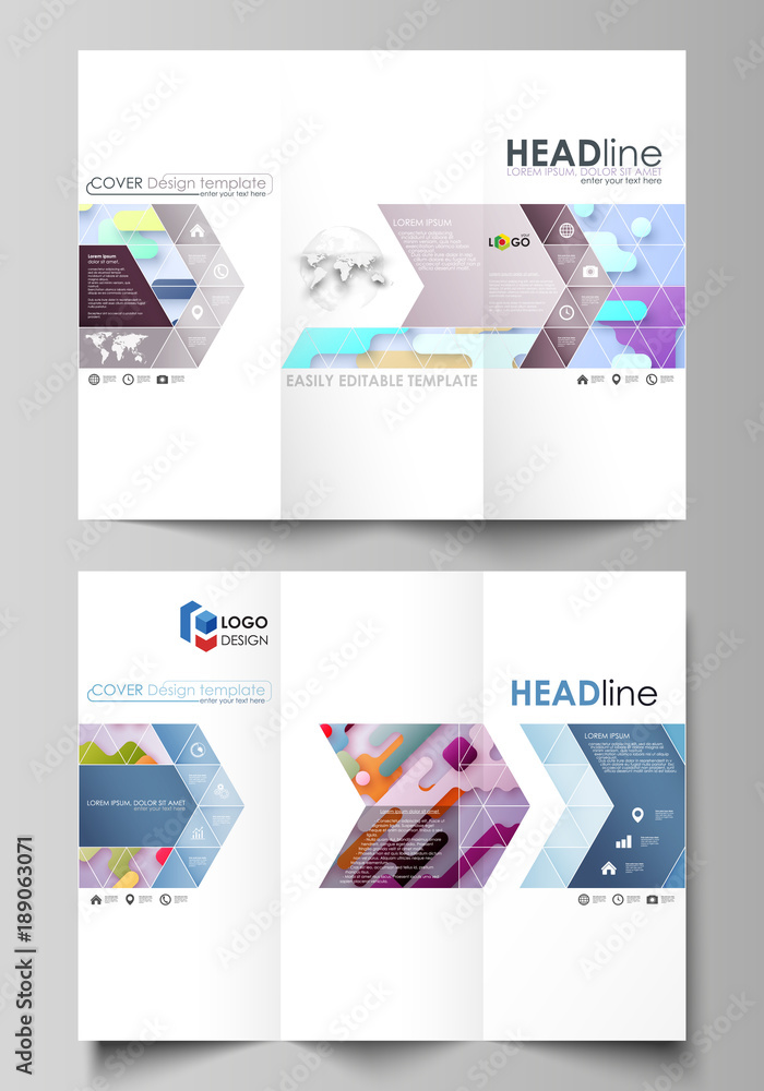Tri-fold brochure business templates. Abstract vector design layout. Bright color lines and dots, colorful minimalist backdrop with geometric shapes forming beautiful minimalistic background.