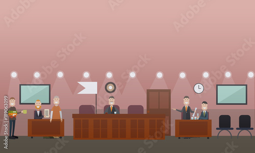 Court hearing concept vector flat illustration