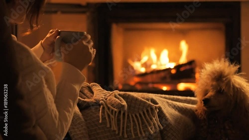 Young woman with her dog sitting at home by the fireplace and drinking a mug of cocoa .