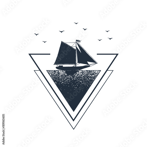 Hand drawn nautical badge with yacht textured vector illustration. Geometric style.