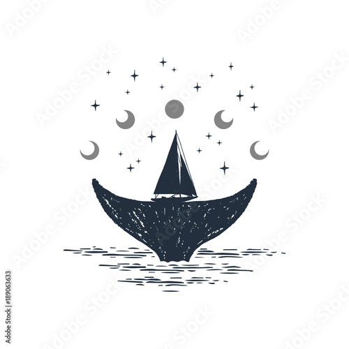 Hand drawn nautical badge with whale's tail and yacht textured vector illustrations.