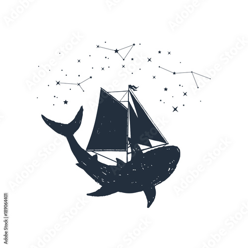 Hand drawn nautical badge with shark, sails and constellations textured vector illustrations.