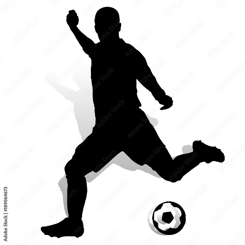 Soccer player with ball makes a punch, silhouette on white background,