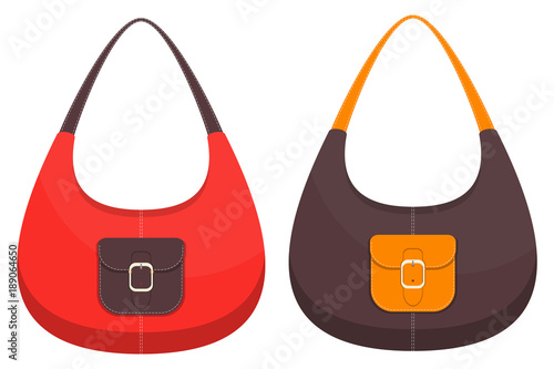 Collection of two stylish colorful leather handbags with pockets and white stitching. Woman bag. Ladies handbags isolated on white background. Vector illustration.