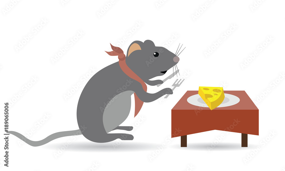 mouse eating cheese on table with fork and knife Stock Vector | Adobe Stock