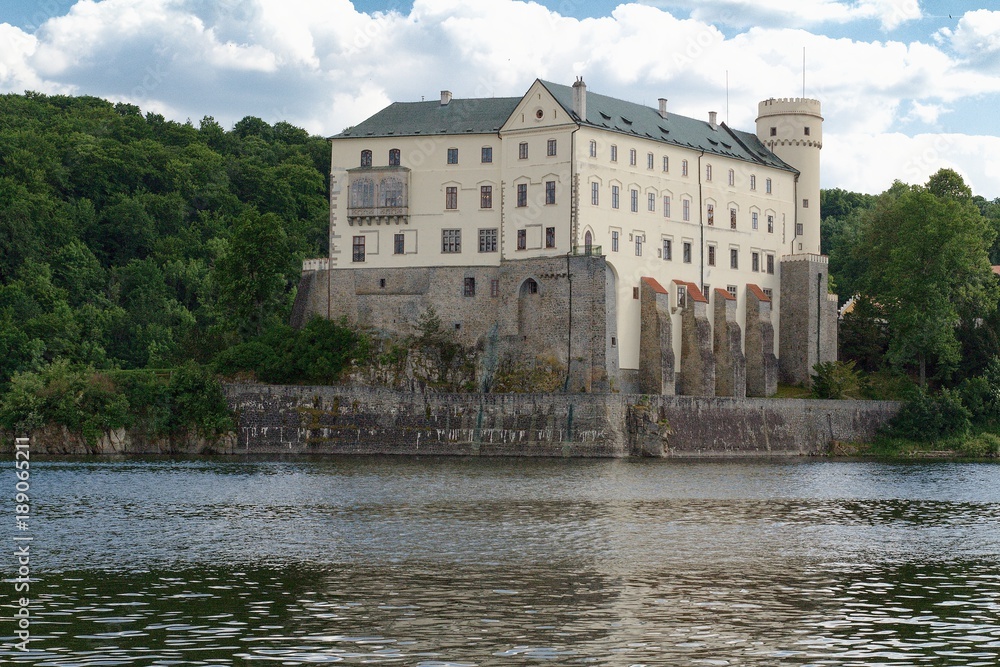 Orlik nad Vltavou castle and dam on Moldau river, South Bohemia, Czech republic