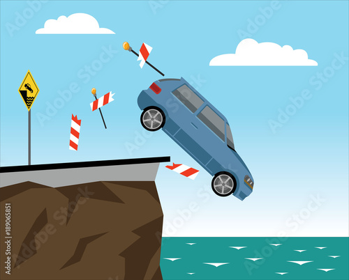 car falls of the cliff braking road barrier 