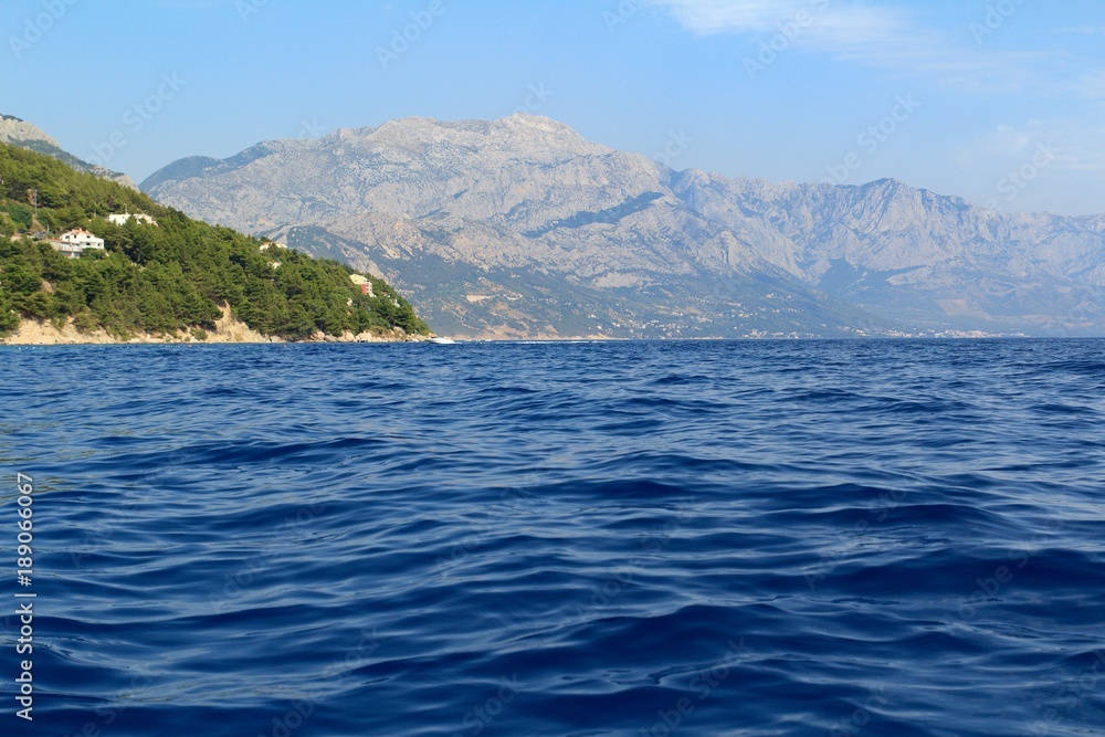 Beautiful view of the Adriatic Sea in Croatia in southern Dalmatia with mountains in the background