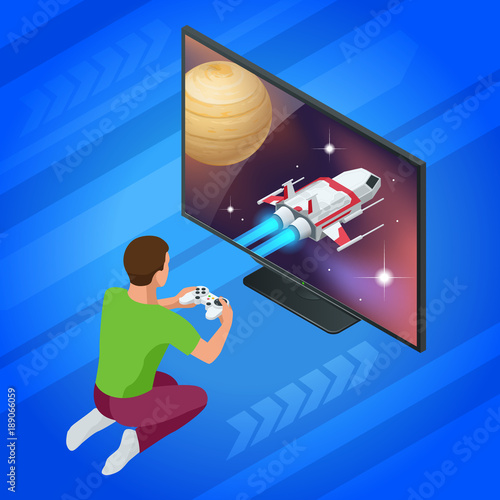Isometric young man plays video game on TV using Gamepad. Driving car in video game. Gaming addiction concept. Flat style vector illustration