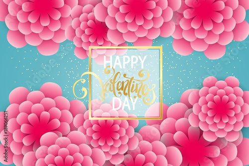 Elegant spring flower holiday texture with golden sparkling lines and confetti. Frame with Yappy Valentine's Day text. Origami trendy design template. 3d paper cut flowers. Vector illustrtion