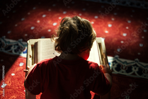 Young boy reading a book (Quran) 