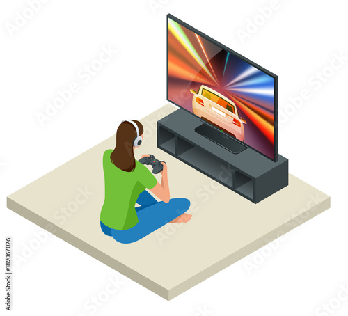 Isometric young woman plays video game on TV using Gamepad. Driving car in video game. Gaming addiction concept. Flat style vector illustration