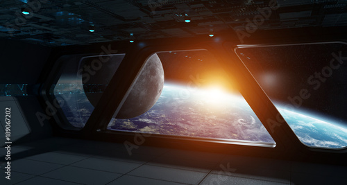 Fototapeta Naklejka Na Ścianę i Meble -  Spaceship futuristic interior with view on planet Earth