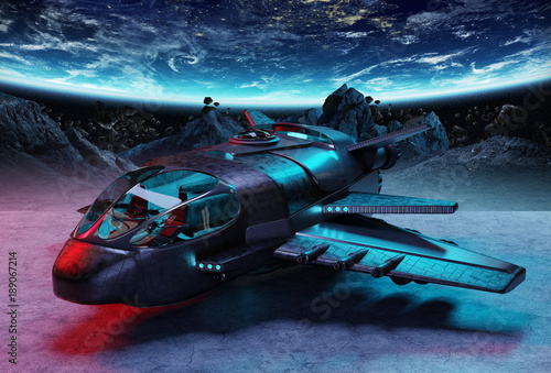 Fototapeta Naklejka Na Ścianę i Meble -  Futuristic spacecraft on planet background 3D rendering elements of this image furnished by NASA