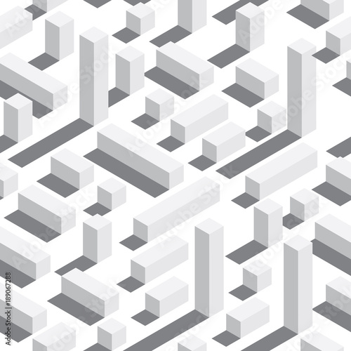 Vector seamless pattern with isometric blocks and shadows. White background, white elements