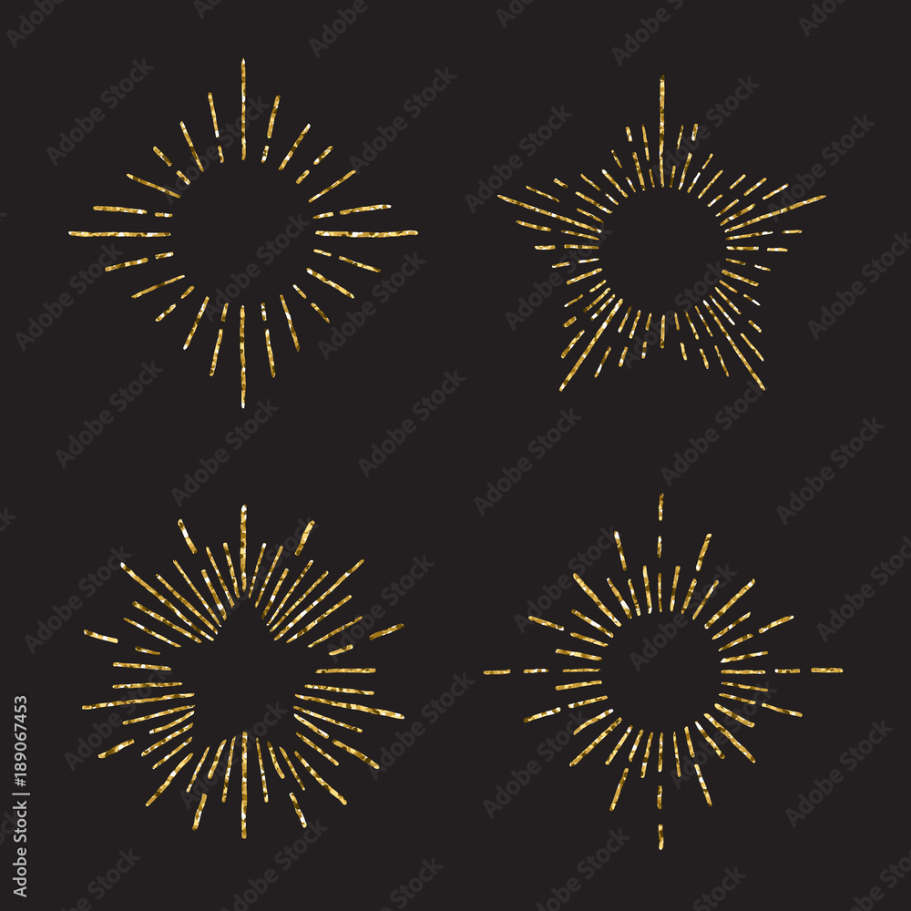 Fototapeta premium Sunburst gold glitter hand drawn vector set. Part six.