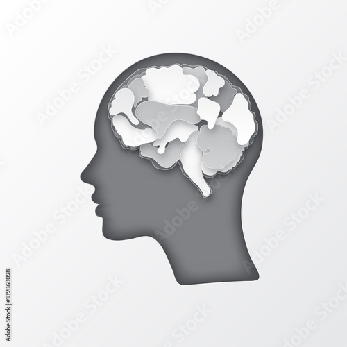 Colorful vector brain illustration, layered cut out colored paper human profile. Creative mind, learning and design concept. Paper carve of brain.
