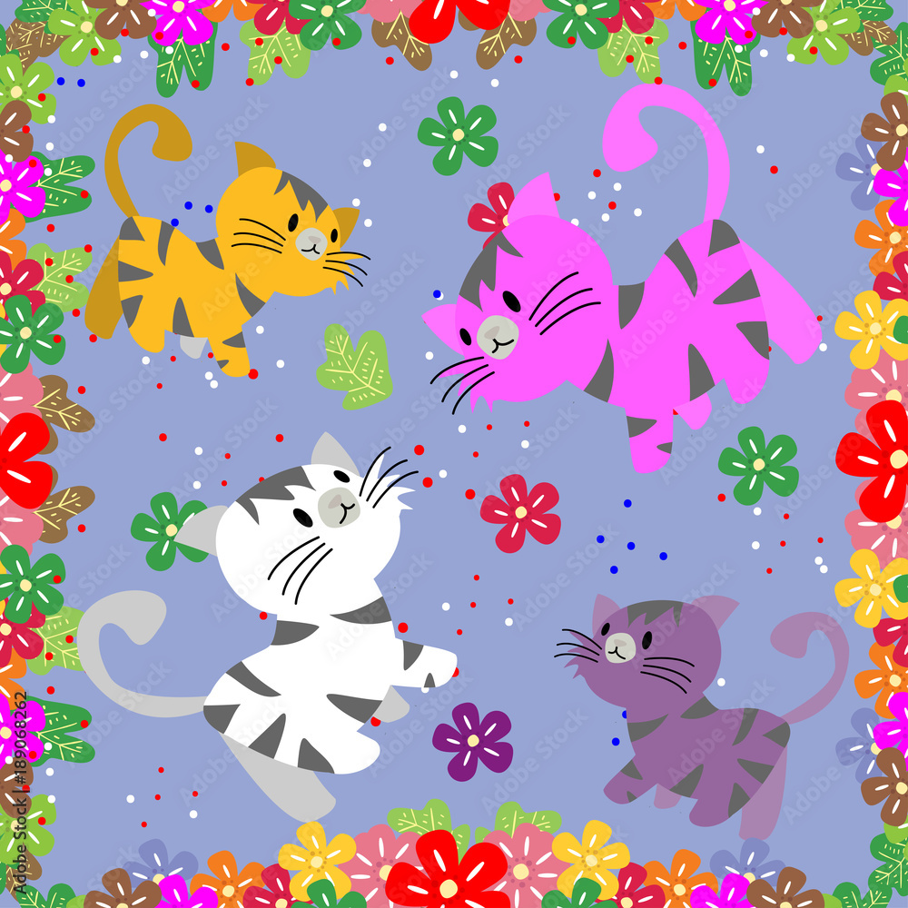 Cute Cat seamless pattern with flower on colorful background Vector illustration.Cartoon style Cute Cat seamless pattern with flower on colorful background Vector illustration.Cartoon style