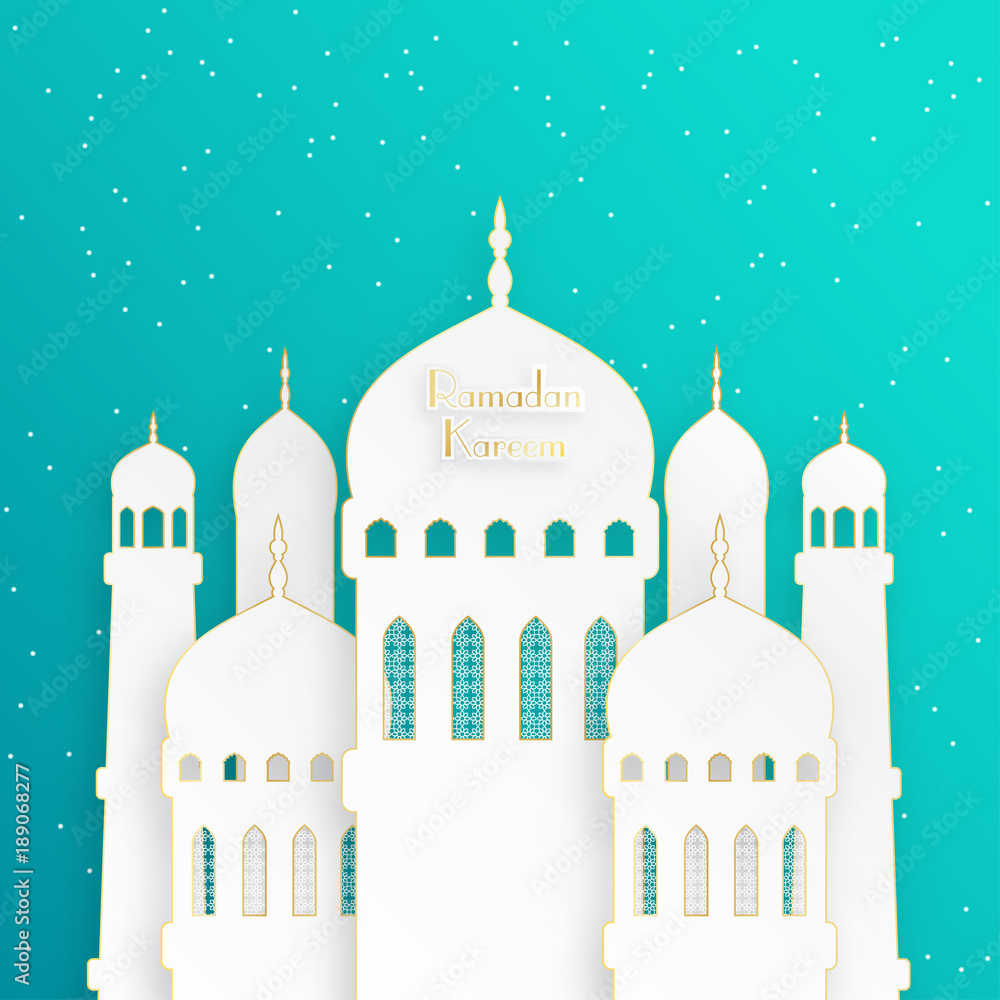 Creative islamic mosque made by paper cutout for holy month of muslim community, Ramadan Kareem celebration. Vector 3D paper mosque.