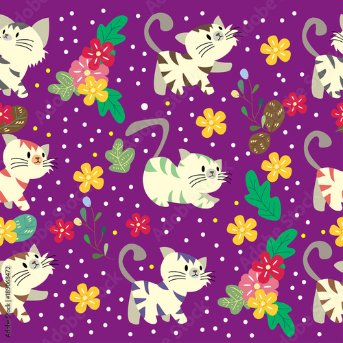 Cute Cat seamless pattern with flower on colorful background Vector illustration.Cartoon style