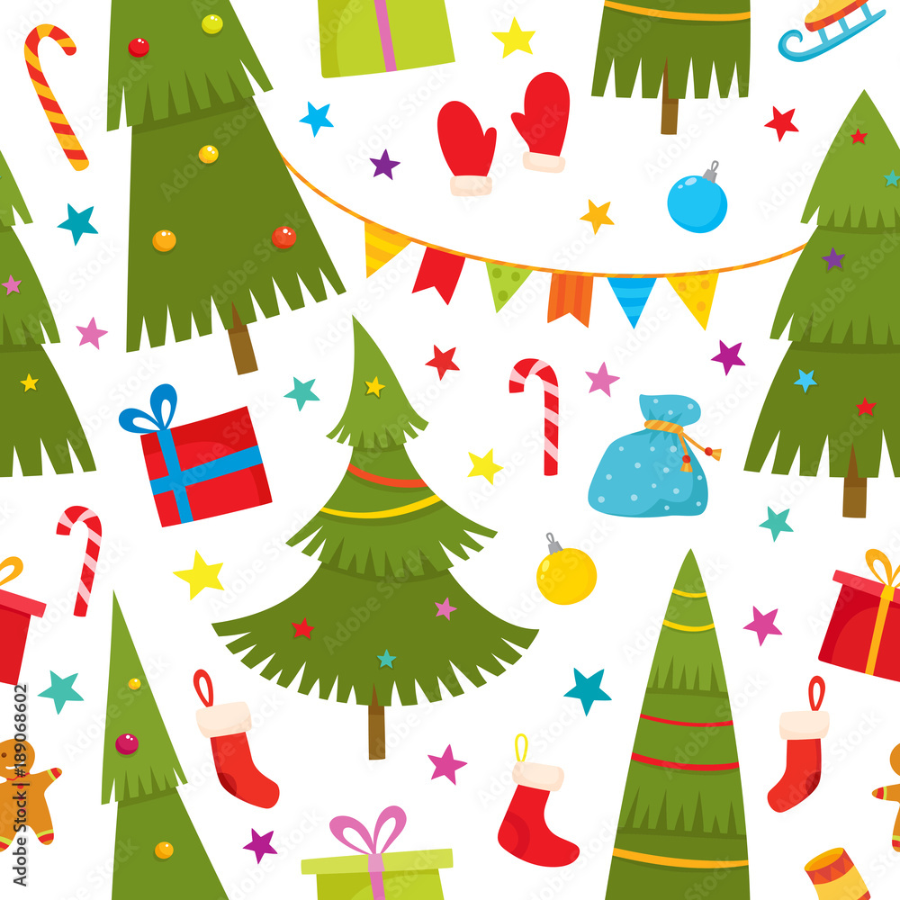 Seamless pattern with cartoon christmas tree, gifts, socks, stars