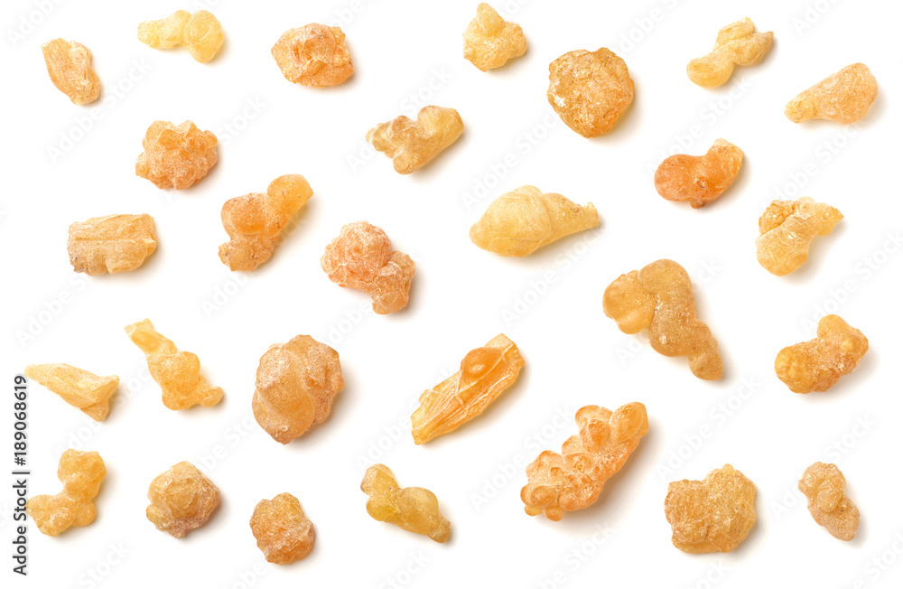 Pure Organic Frankincense Resin isolated on white, top view Pure Organic Frankincense Resin isolated on white, top view