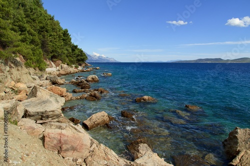 Beautiful view of the Adriatic Sea in Croatia in southern Dalmatia with Biokovo mountains 