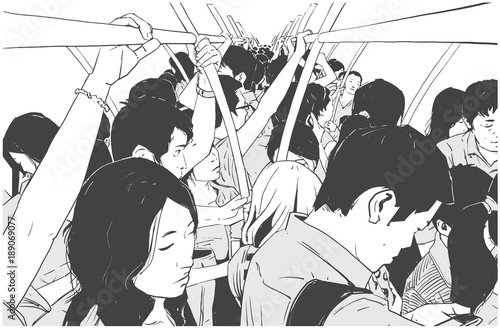 Black and white illustration of packed subway, metro, bus in rush hour