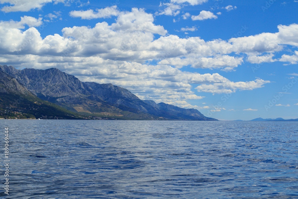 Beautiful view of the Adriatic Sea in Croatia in southern Dalmatia with Biokovo mountains 