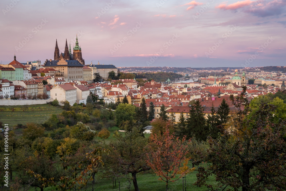 Prague houses and St. Vitus Cathedral, view from Petrin hill