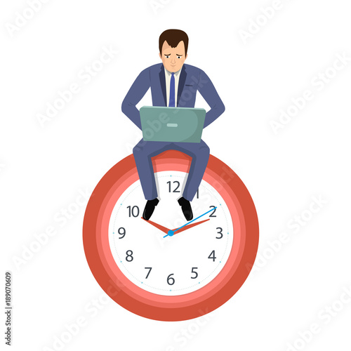 Office worker businessman sitting on a clock, dreams wasting time.