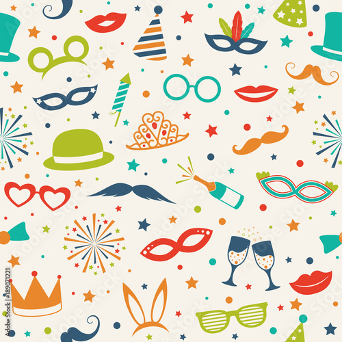 Party background - seamless pattern with funny costumes. Vector.