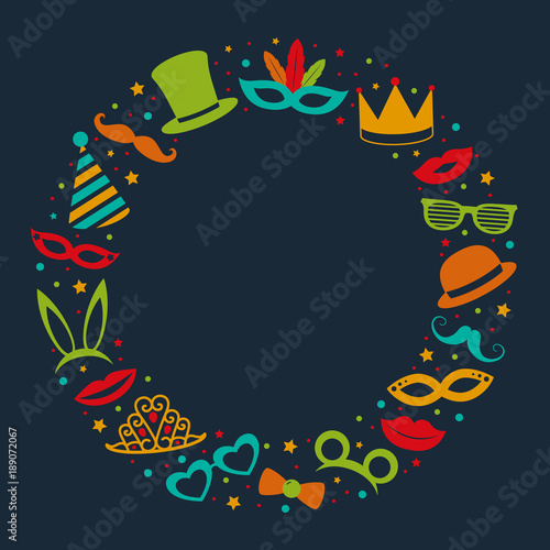 Carnival, photobooth, birthday party - background wit funny elements and copyspace. Vector.
