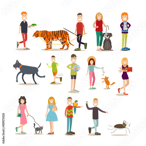 Pet owners with their animals vector flat icon set