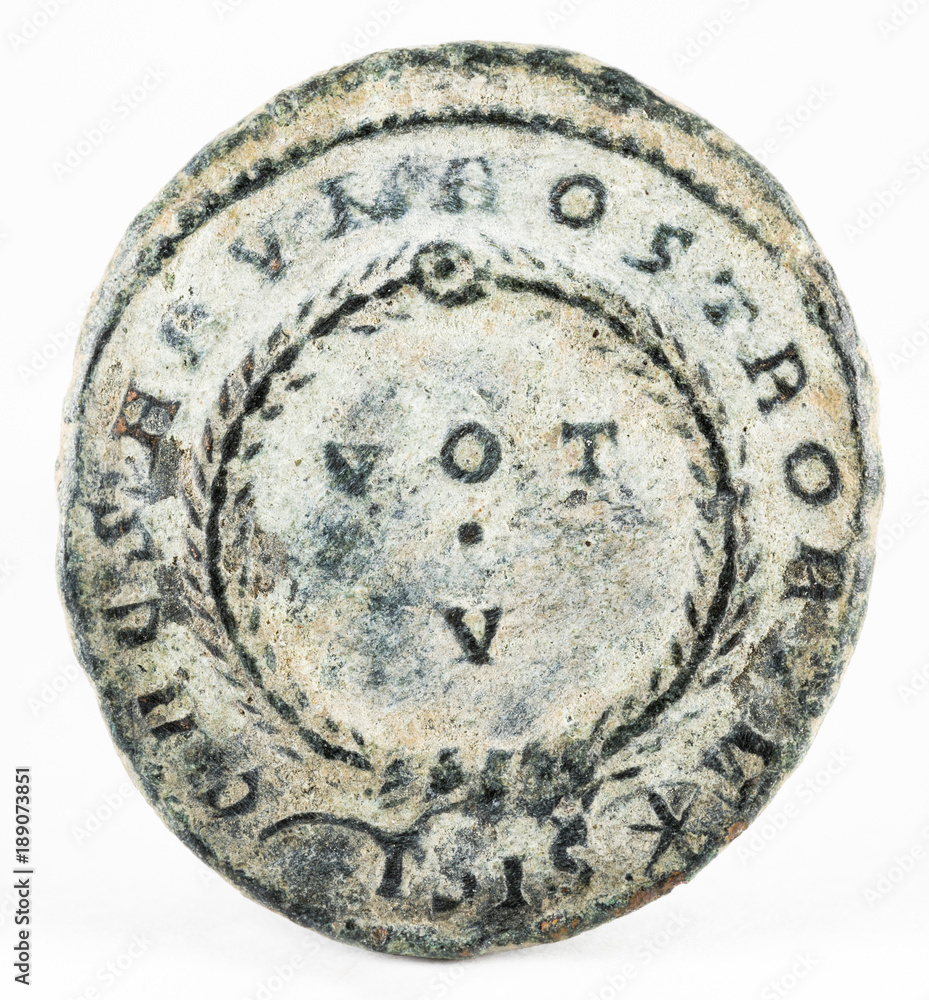 Ancient Roman copper coin of Emperor Crispus. Reverse.