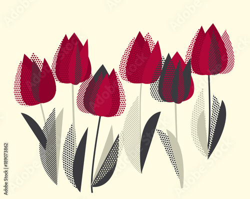 Fototapeta Dekoracyjna tulipanowego kwiatu wektorowa ilustracja w retro kolorach. czerwony i szary wzór palety vintage.