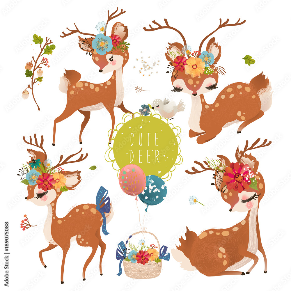 Fototapeta premium Cute baby animal deer with floral wreath, tied bow, bird and a basket with balloons and flowers