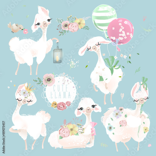 Beautiful and cute llama, alpaca with crown, beautiful flowers and tied bow set. Dreaming princess or queen llama with balloons, whimsical lantern, lamp and bird